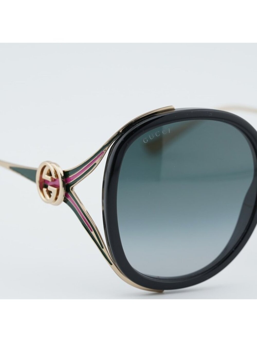 Gucci GG0226S 007 Sunglasses Shiny Black Round Frame, Grey Gradient Lenses - Picture 6 of 12